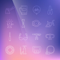 Set line Bicycle lock, handlebar, frame, Wrench spanner, bell, brake and icon. Vector