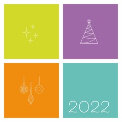 multicolored squares, new year's theme, greeting card concept, place for text, christmas mood, flat drawing with thin lines, 2022