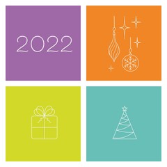 Fototapeta premium multicolored squares, new year's theme, greeting card concept, place for text, christmas mood, flat drawing with thin lines, 2022
