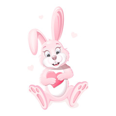 Romantic, cute pink bunny smiling and holding a heart