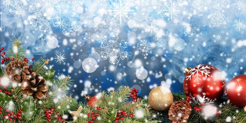 Obraz na płótnie Canvas Snowy Fir branches With Christmas Light and snowflakes