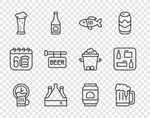 Set line Happy hour, Wooden beer mug, Dried fish, Pack of bottles, Glass, Street signboard with Beer, can and menu icon. Vector