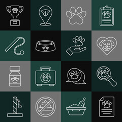 Set line Clinical record pet, Veterinary clinic, Heart with dog, Paw print, Pet food bowl, cat toy, award and Hands animals footprint icon. Vector