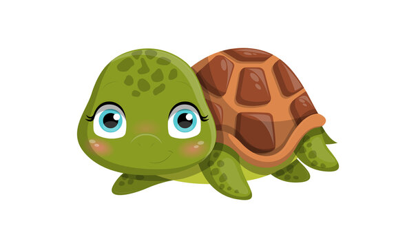 Cute turtle looking. Social media stickers and badges for childrens. Animal, wildlife, fauna and representatives of underwater world. Cartoon flat vector illustration isolated on white background