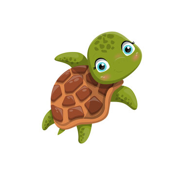 Turtle looking forward. Social media stickers and badges for childrens. Underwater life, tropical animals, unusual representatives of water park, charming character. Cartoon flat vector illustration