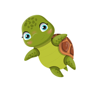 Cute turtle swim. Social media stickers and badges for childrens. Underwater inhabitants, water park. Animal, fauna, sea and nature. Cartoon flat vector illustration isolated on white background