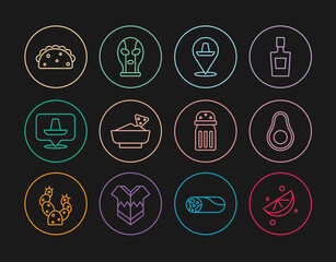 Set line Sliced lime, Avocado fruit, Mexican sombrero, Nachos in bowl, Taco with tortilla, Salt and wrestler icon. Vector