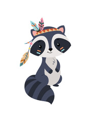 Raccoon in indian bandage. Social media stickers and badges for kids. Culture and traditional accessories, unusual clothing style. Cartoon flat vector illustration isolated on white background