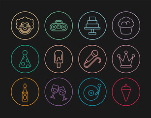 Set line Ice cream in waffle cone, Crown, Cake, Party hat, Clown head, Microphone and Home stereo with two speakers icon. Vector