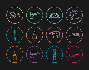 Set line Reciprocating saw, Wood plane tool, Electric circular, Screwdriver, Electrical hand concrete mixer, Angle grinder, drill machine and cordless screwdriver icon. Vector