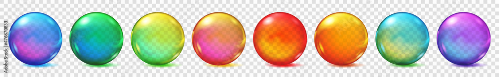Wall mural set of translucent colored spheres with glares and shadows on transparent background. transparency o