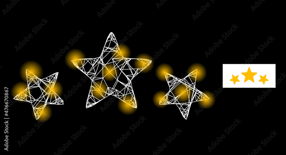 Poster glare net mesh 3 stars rate icon with illuminated spots. illuminated model is done from 3 stars rate