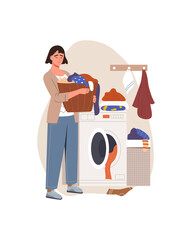 Woman do laundry. Routine and household chores. Girl takes things out of washing machine to dry them. Plumbing and graphic elements for website. Bathroom, lifestyle. Cartoon flat vector illustration