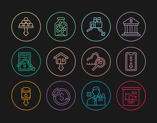 Set line Pie chart infographic, Mobile stock trading, Shutdown of factory, Falling property prices, Gold bars, Global economic crisis and Glass money jar with coin icon. Vector