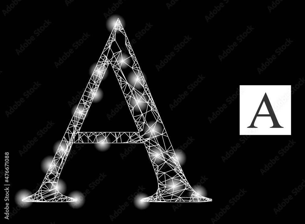 Poster constellation net mesh alpha greek letter icon with sparkle light spots. illuminated constellation i