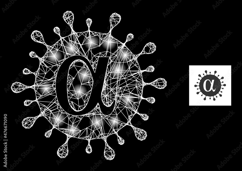 Poster glare mesh net alpha covid virus icon with glitter light spots. illuminated model is created using a