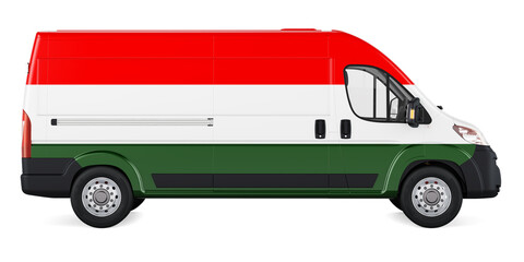 Hungarian flag painted on commercial delivery van. Freight delivery in Hungary, concept. 3D rendering