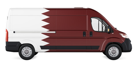 Qatari flag painted on commercial delivery van. Freight delivery in Qatar, concept. 3D rendering
