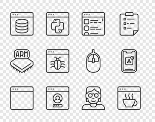Set line Browser window, Software, files, Create account screen, Server, Data, Web Hosting, System bug, Hacker or coder and Mobile Apps icon. Vector