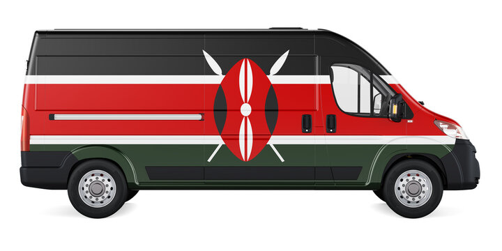 Kenyan flag painted on commercial delivery van. Freight delivery in Kenya, concept. 3D rendering