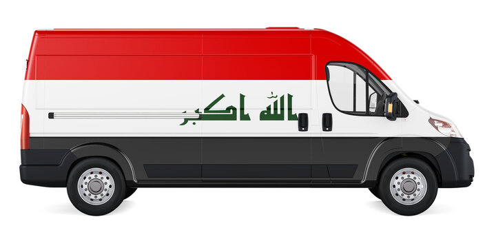 Iraqi flag painted on commercial delivery van. Freight delivery in Iraq, concept. 3D rendering