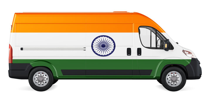 Indian flag painted on commercial delivery van. Freight delivery in India, concept. 3D rendering