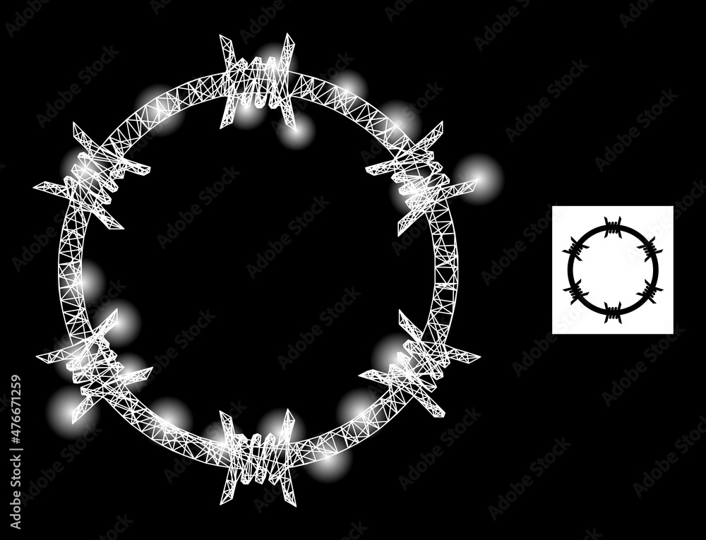 Poster glowing network barbed wire circle icon with glowing light spots. illuminated model is created using