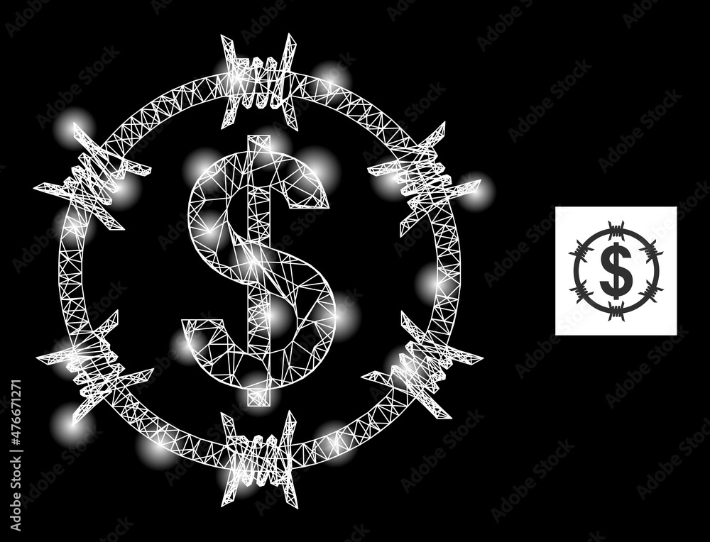 Poster constellation crossing mesh barbed wire dollar icon with bright spots. illuminated constellation is 