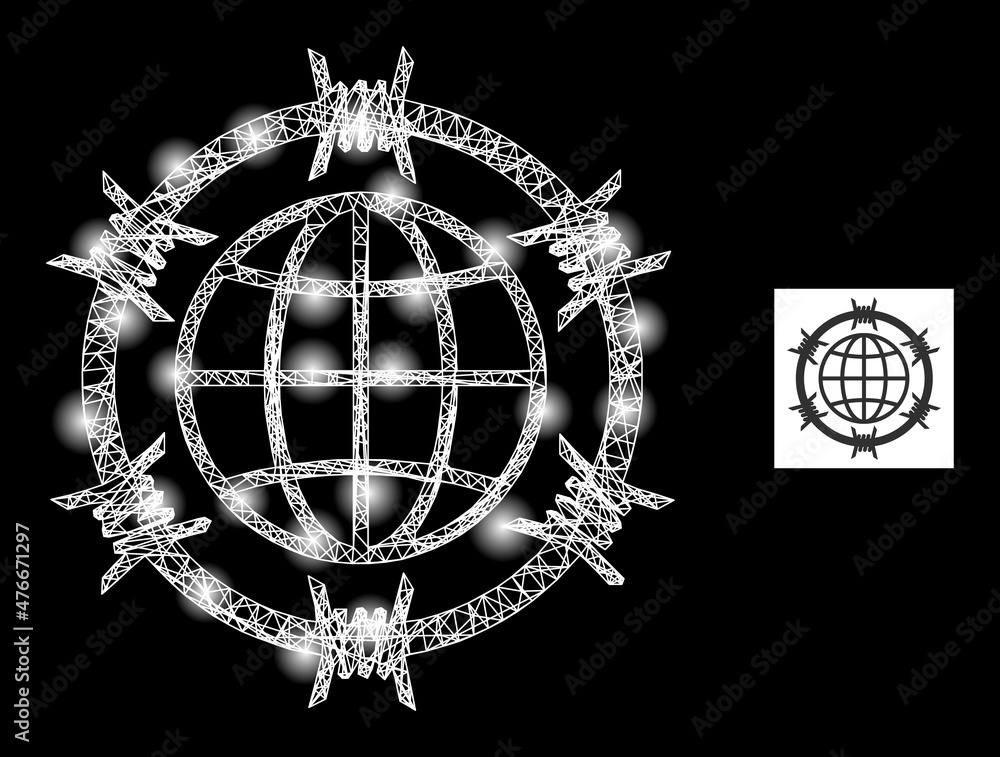Poster glowing network barbed wire globe icon with glowing light spots. illuminated model is created from b