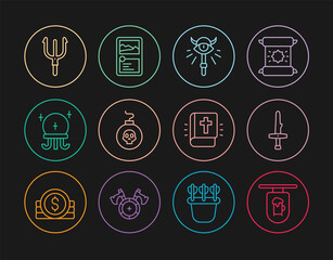 Set line Street signboard with Bar, Dagger, Magic staff, Bomb ready to explode, ball, Neptune Trident, Holy bible book and Card game collection icon. Vector