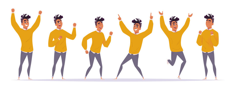 Set of different joyful poses and gestures of a young African American guy who is happy, has fun, dances, bouncing