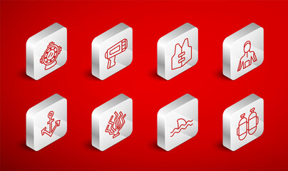 Set line Aqualung, Flashlight for diver, Life jacket, Wetsuit scuba diving, Shark, Coral and Anchor icon. Vector