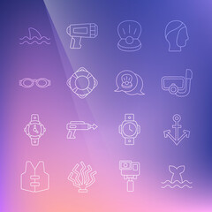 Set line Whale tail, Anchor, Diving mask with snorkel, Pearl, Lifebuoy, Glasses for swimming, Shark and Scallop sea shell icon. Vector
