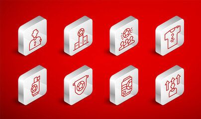 Set line Football or soccer player, Award over sports winner podium, Soccer football, jersey and t-shirt, Beer can, flag pennant and Air horn icon. Vector