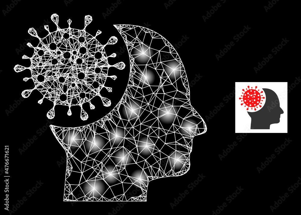 Poster constellation net brain virus icon with glossy light spots. illuminated constellation done using bra