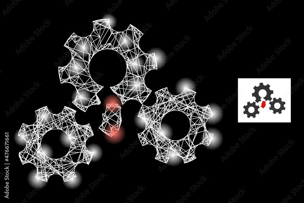 Aufkleber glare mesh net broken gear mechanism icon with illuminated spots. illuminated model created from bro
