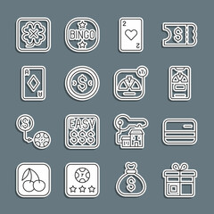 Set line Gift box, Credit card, Lucky wheel on phone, Playing with heart, Coin money dollar, diamonds, Casino slot machine and icon. Vector