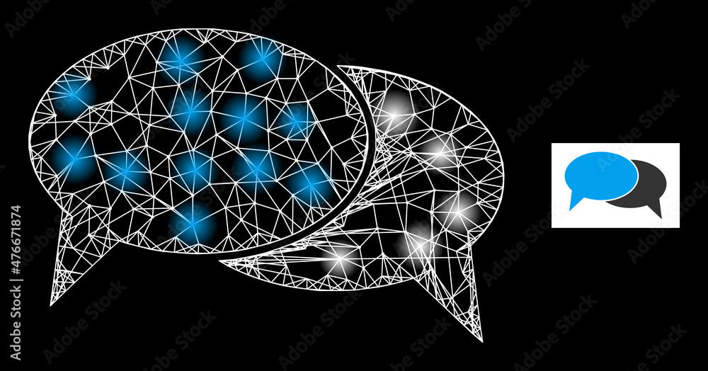 Poster glowing crossing mesh chat messages icon with majestic light spots. illuminated model generated from