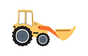 Combine with bucket. Equipment for construction and destruction of buildings. Excavation and burial machines, transport. Urban, city construction and renovation. Cartoon flat vector illustration
