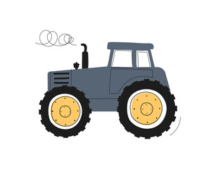 Tractor with big wheel. Equipment for construction and destruction of buildings. Urban construction and renovation, demolition of obsolete objects. Equipment and cars. Cartoon flat vector illustration