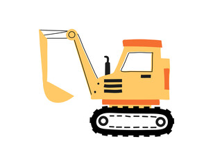 Tractor with bucket. Equipment for construction and destruction of buildings. Yellow transport for excavation and leveling soil. Preparation of land for construction. Cartoon flat vector illustration