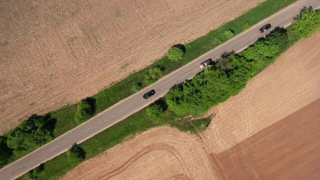A motorcade on the road, the forest in the background. High quality. View from above, 4k
