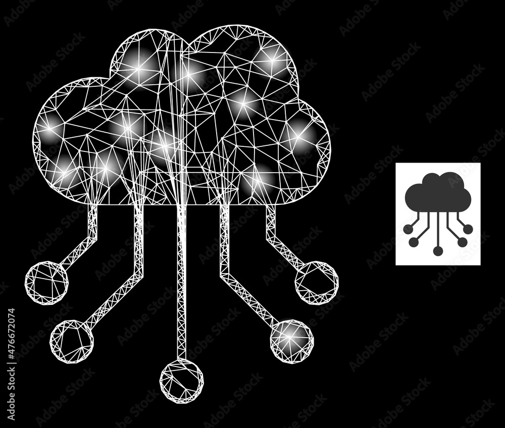 Poster bright network cloud links icon with bright light spots. illuminated model is created using cloud li