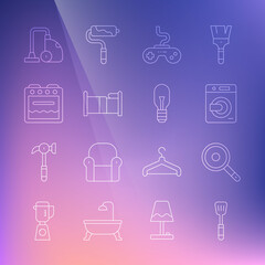 Set line Spatula, Frying pan, Washer, Gamepad, Bed, Oven, Vacuum cleaner and Light bulb icon. Vector