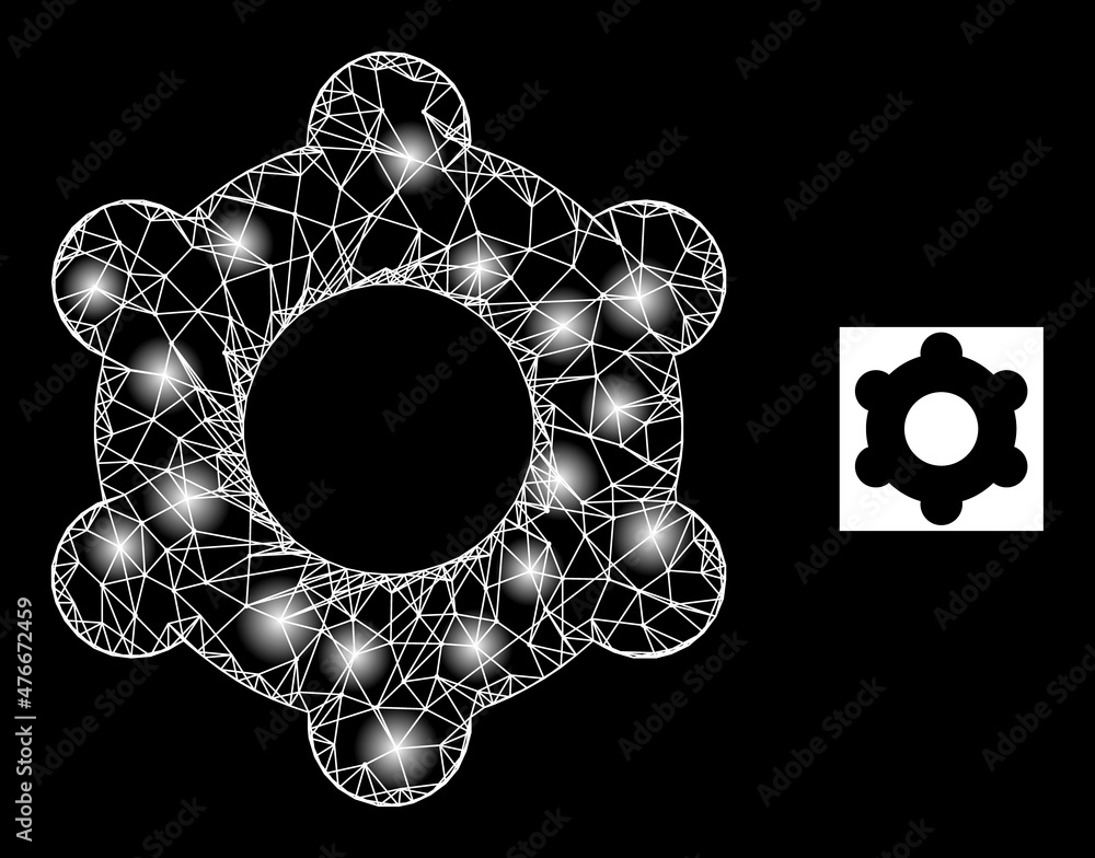 Poster glare network cogwheel icon with illuminated spots. illuminated model is created from cogwheel vecto