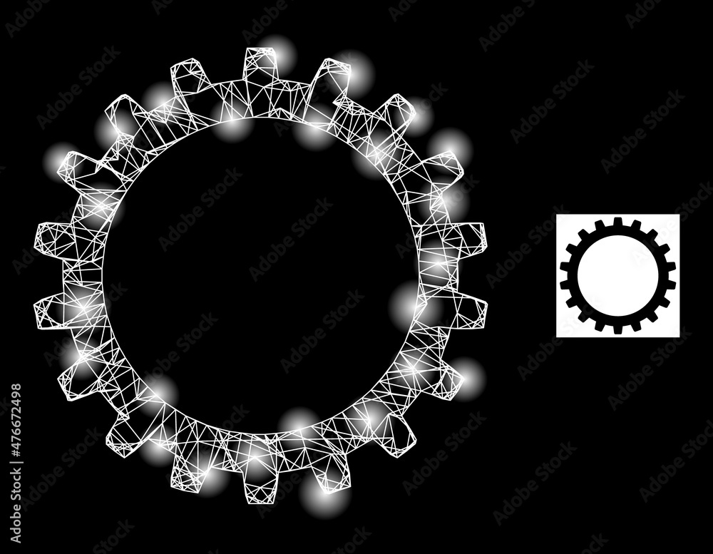Poster glare network cogwheel icon with glowing light spots. illuminated constellation is created using cog