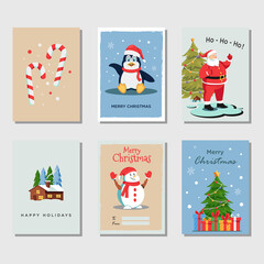 Christmas gift cards or tags with lettering with flat characters illustration