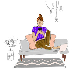 Happy young woman sitting on sofa with smartphone and laptop chatting on social networks and receiving messages or mail.Modern girl using smartphone at home.Vectone outline sketch illustration