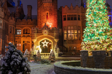 Casa Loma winter night illumination. historic castle in Toronto city. Ontario, Canada.