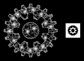 Constellation net cogwheel icon with majestic light spots. Illuminated constellation done using cogwheel vector icon and crossing lines. Constellation frame cogwheel, on a black background.
